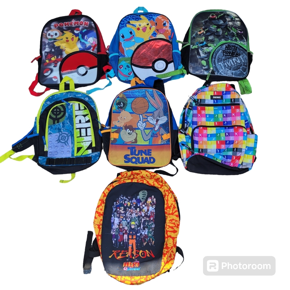 7pc Lot Pokemon Fortnite Naruto Kids Multicolor  Print Backpacks